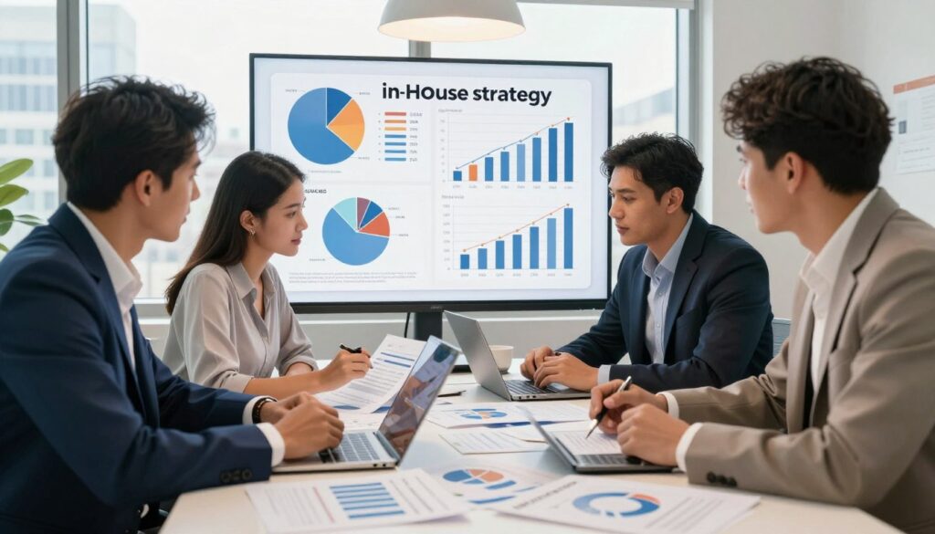 A detailed cost analysis scene for in-house HARO strategy, featuring a diverse group of three professionals engaged in a focused discussion around a large table cluttered with papers, graphs, and digital devices. The foreground shows a male analyst in a tailored navy suit, a female project manager in a smart blouse, and a Hispanic financial officer in business casual attire, analyzing data. In the middle ground, clear visual aids like pie charts and bar graphs display cost breakdowns, illuminated by soft overhead lighting that creates a professional atmosphere. The background includes a window with a cityscape view, showcasing a bright, sunny day. The overall mood is collaborative and analytical, highlighting the depth of the in-house approach to HARO cost analysis.
