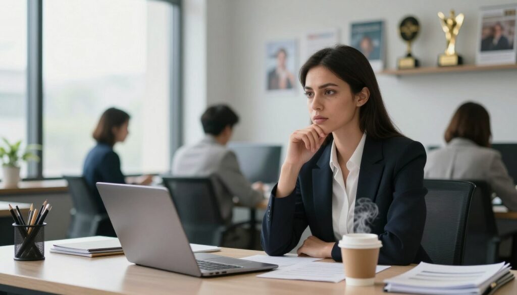 A focused scene depicting a journalist in a modern office environment, actively pitching story ideas. In the foreground, a diligent journalist, a woman in professional business attire, sits at a sleek desk cluttered with a laptop, notepads, and a steaming cup of coffee. She has an intense and thoughtful expression, as if contemplating her next big story. The middle ground features a large window with natural light streaming in, illuminating her workspace, while a few inspirational articles and awards can be seen on the wall behind her. In the background, blurred silhouettes of busy colleagues can be glimpsed, enhancing the professional atmosphere. The mood is energetic and focused, captured with soft lighting and a shallow depth of field, as if inviting viewers to peer into the mind of a dedicated journalist.