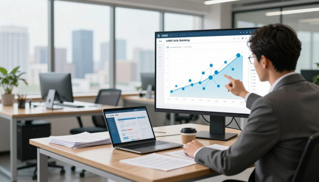 A modern office space depicting the concept of HARO link building scalability. In the foreground, a professional in a tailored suit is examining a large digital screen displaying graphs and metrics related to link building effectiveness, showing upward trends and interconnected nodes. The middle layer features a sleek wooden desk cluttered with documents, a laptop open to a HARO platform, and a coffee cup, suggesting an active work environment. The background shows a large window with a city skyline view, allowing natural light to flood in, creating a bright and optimistic atmosphere. Use a soft focus on the background while keeping the foreground sharp. The overall mood should convey professionalism and growth, emphasizing strategic planning and collaboration in a digital marketing context.