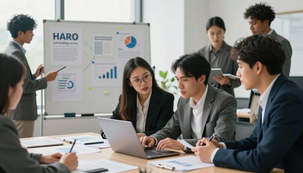 A modern professional workspace featuring a diverse group of individuals in business attire collaborating on a project related to HARO link building services. In the foreground, a woman with glasses and a man discussing ideas over a laptop, surrounded by papers and analytical charts. In the middle ground, a whiteboard filled with marketing strategies and case studies related to HARO services. The background shows a bright office with large windows, soft natural lighting casting gentle shadows. The atmosphere is focused and dynamic, conveying teamwork and creativity. The image should be realistic, with a slightly blurred depth of field to emphasize the main foreground action.