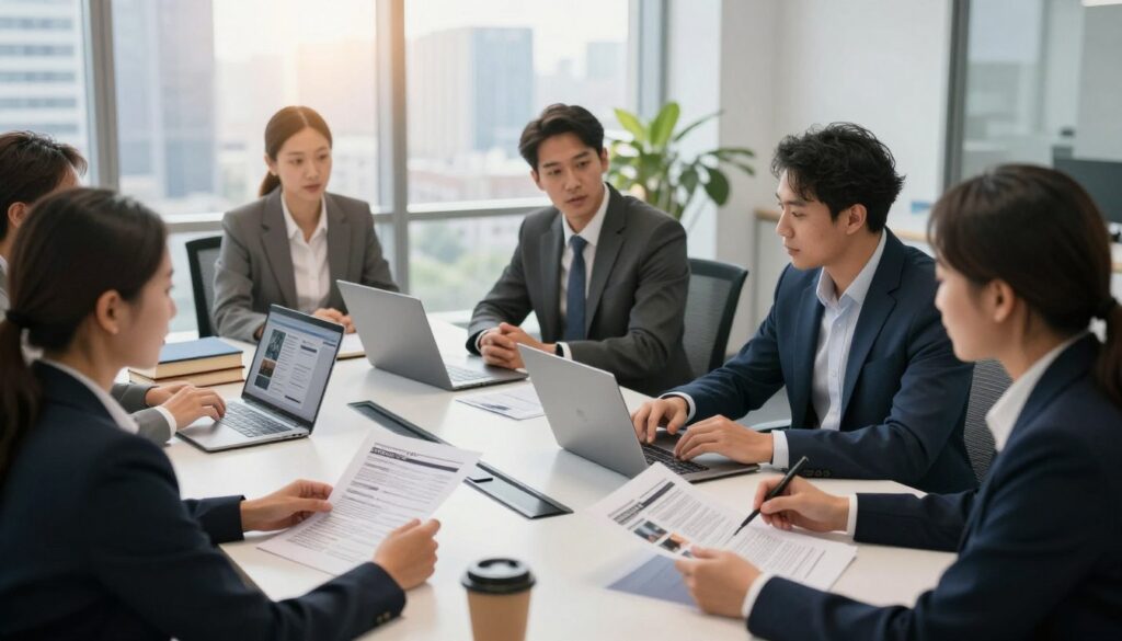 A professional and dynamic office environment showcasing media outreach for law firms. In the foreground, a diverse group of business professionals, dressed in business attire, are actively engaging in discussions over laptops and documents, examining press releases and media lists. The middle ground features a modern conference table with legal books, coffee cups, and a laptop displaying a digital media dashboard. The background includes large windows with a city skyline, letting in natural light that casts a warm glow across the room. The overall mood is collaborative and focused, emphasizing strategic networking and communication. The scene is captured with a slightly elevated angle, creating an inviting atmosphere of professionalism and innovation.