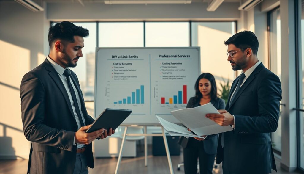A professional and modern office environment showcasing a cost-benefit analysis of HARO link building. In the foreground, a diverse group of three business professionals, dressed in smart business attire, are engaged in a focused discussion, analyzing data on a digital tablet and printed documents. In the middle, a large whiteboard displaying charts and graphs representing DIY vs. professional HARO services, with contrasting visuals for costs and benefits. The background features a sleek, minimalist workspace with natural light streaming through large windows, casting soft shadows. The mood is analytical and collaborative, emphasizing strategic decision-making. Use a wide-angle lens to capture the full scene, with warm lighting to create an inviting atmosphere.