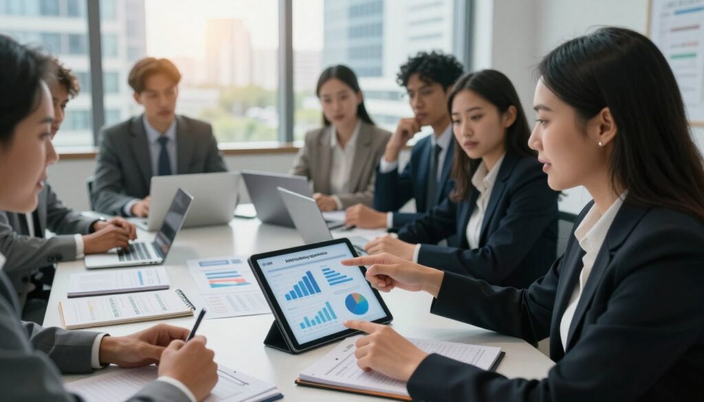 A professional business setting featuring a diverse group of individuals engaged in a collaborative brainstorming session around a large table. In the foreground, a woman in a smart blazer gestures enthusiastically while pointing to a digital tablet displaying graphs and statistics about HARO link building opportunities. The middle ground includes several laptops and notepads with written strategies, while a large window in the background offers a view of a modern cityscape bathed in warm, natural light. The atmosphere conveys productivity and innovation, with a focus on teamwork and strategic discussion. The use of a slightly elevated angle captures the entire scene, highlighting both the participants and the dynamic interaction among them.