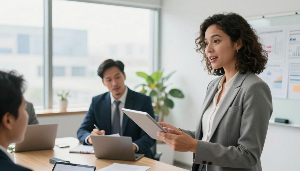 A professional law firm office setting, featuring a diverse group of three individuals engaging in a media outreach strategy session. In the foreground, a confident woman in a tailored blazer is holding a tablet while presenting ideas, her facial expression showing enthusiasm and determination. Beside her, a man dressed in a business suit is taking notes, exuding professionalism and focus. In the background, a large window allows natural light to illuminate the space, revealing a cityscape outside. The atmosphere is collaborative and motivating, with the meeting room adorned with modern decor, charts, and a whiteboard filled with notes. The lighting is bright and natural, captured from a slight high angle to convey an inclusive environment.
