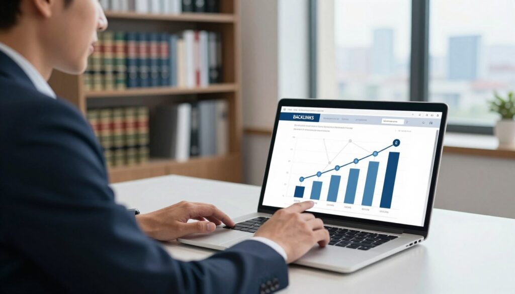 A professional law office environment showcasing the concept of backlinks for SEO. In the foreground, a well-dressed lawyer seated at a modern desk, analyzing a digital graph on a laptop screen that displays increasing website traffic and backlink statistics. The middle ground features an open laptop showing a webpage with interconnected nodes symbolizing backlinks, annotated with subtle line graphics. The background highlights a contemporary office setting with bookshelves filled with legal books and a window revealing a city skyline under bright, natural lighting. The overall mood is professional, focused, and optimistic, emphasizing the importance of digital strategies in the legal field, captured with a slight depth of field to highlight the lawyer's thoughtful expression.