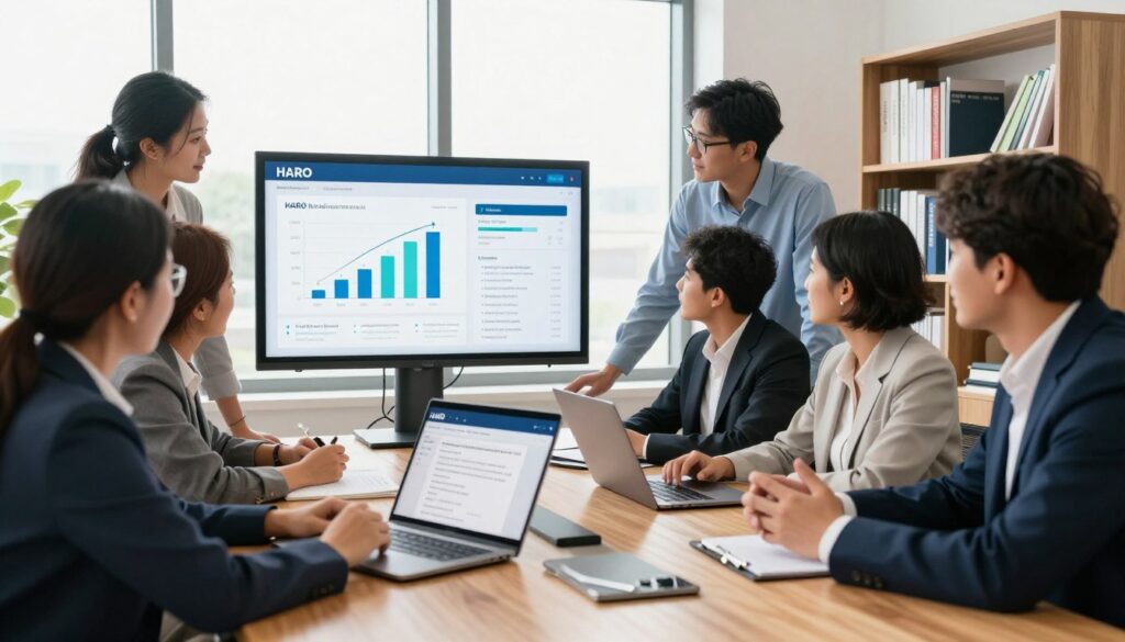 A professional office setting filled with vibrant energy, depicting a diverse group of individuals engaged in a collaborative discussion about HARO link building. In the foreground, a mixed-gender team wearing business attire is gathered around a sleek wooden conference table, examining a large digital display showcasing statistical graphs and HARO-related content. In the middle ground, a large window allows natural light to flood the room, creating a bright atmosphere. On one side, a laptop is open with a HARO query email visible, emphasizing the concept of link building. In the background, a bookshelf filled with marketing and SEO books signifies knowledge and expertise. The overall mood is focused and inspirational, reflecting a professional approach to digital marketing.