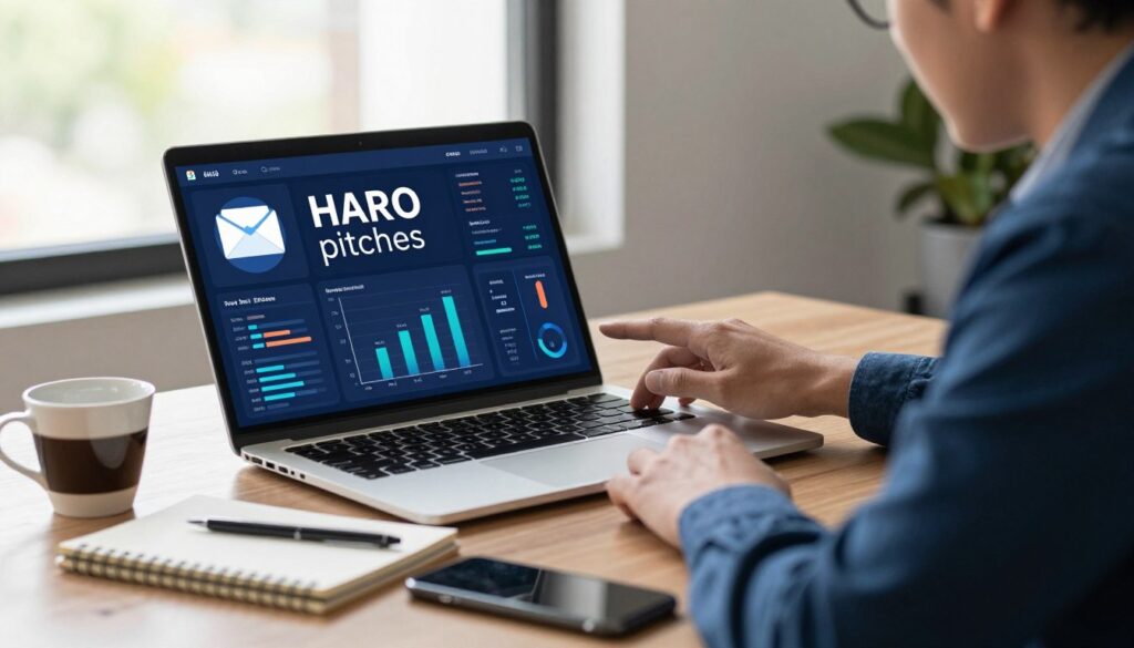 A professional workspace featuring a person in business attire, intently analyzing a laptop screen displaying HARO pitches. In the foreground, a neatly organized desk with a notepad, a cup of coffee, and a smartphone, conveying a proactive approach to pitching. The middle ground shows a vibrant digital interface with graphs, emails, and visualized data indicating success metrics. The background highlights a window with soft, natural light streaming in, illuminating the room and creating a productive atmosphere. The color palette combines cool blues and warm browns to evoke professionalism and creativity. The scene captures determination and advanced expertise in HARO pitching, reflecting a cutting-edge, strategic mindset.