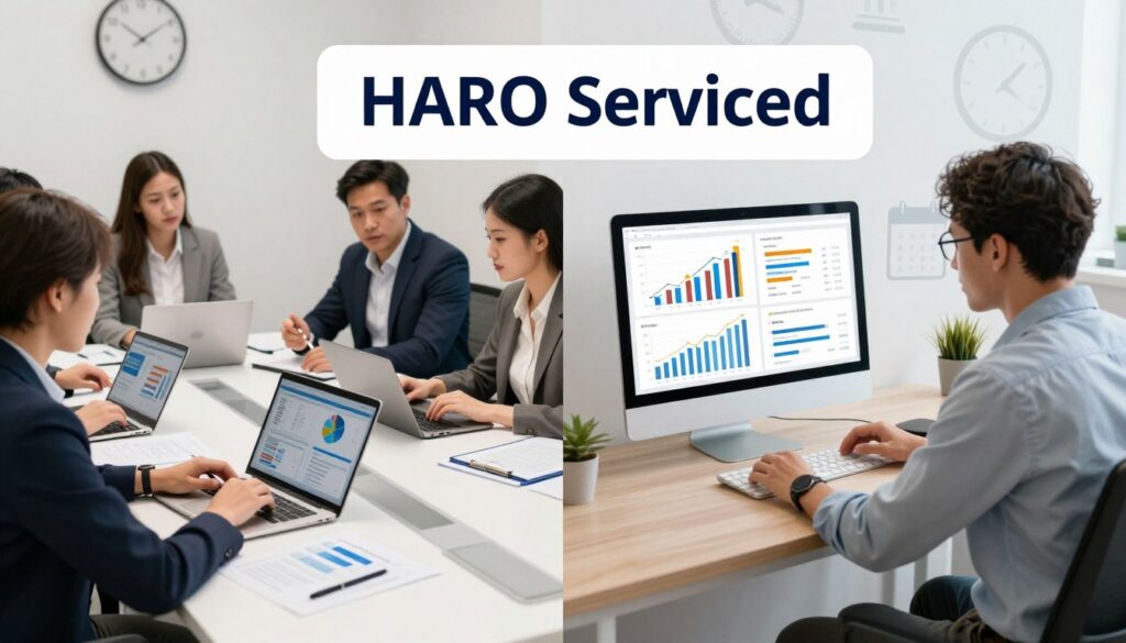 A split-screen image depicting a financial comparison between in-house and outsourced HARO services. On the left, a professional office setting with diverse individuals, both men and women, dressed in business attire, analyzing data on laptops and discussing strategy around a sleek conference table. On the right, a remote working environment with a person in professional casual attire focusing on a computer screen filled with charts and graphs that visually represent ROI metrics. The background features subtle clock and calendar imagery to symbolize time management in outsourcing. The lighting is bright and focused, highlighting the subjects and their work environments, creating a dynamic and analytical atmosphere. The angle captures both scenarios in a way that emphasizes contrast and comparison.