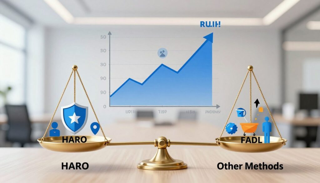 A visually engaging infographic style image depicting a comparison of HARO link building against other link building methods. In the foreground, two elegant scales, each labeled with "HARO" and "Other Methods," balance various iconographic elements representing strengths and weaknesses, such as a shield for safety and arrows for outreach. The middle ground features a dynamic chart with upward and downward trends showcasing effectiveness rates, with icons symbolizing trustworthiness, quality, and risk. The background should be a softly blurred modern office environment with subtle professional lighting that creates a clean, focused atmosphere. The mood is informative and analytical, designed to convey the importance of a strategic approach to link building.