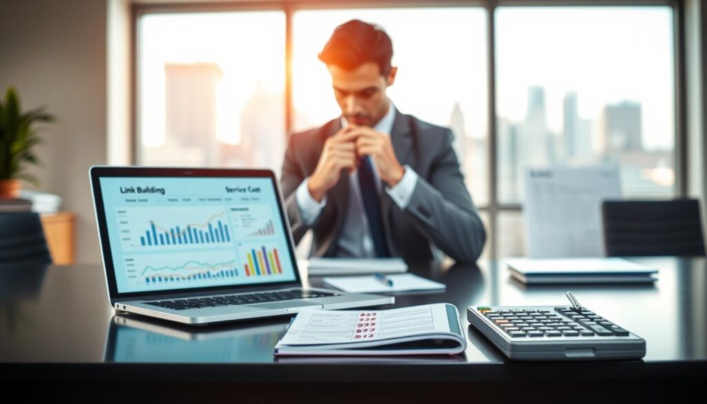 A visually engaging scene illustrating the concept of HARO link building cost in 2023. In the foreground, a sleek, modern office desk with a laptop displaying graphs and charts related to link building expenses. Beside the laptop, a notepad filled with notes and a calculator with price tags showing various service costs. In the middle layer, a professional individual dressed in business attire, intently analyzing data on the screen, highlighting the analytical aspect of link building. The background features soft-focus elements like a window showing a cityscape, conveying a sense of professionalism and modernity. The lighting is bright and natural, creating a productive atmosphere, while the overall mood reflects focus and determination in navigating marketing expenses.