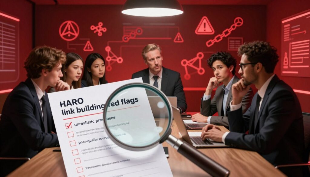 A visually striking illustration depicting “HARO link building red flags.” In the foreground, a digital magnifying glass hovers over a checklist, highlighting items like “unrealistic promises” and “poor-quality sources.” The middle ground features a group of diverse professionals in business attire, discussing strategies around a conference table, their expressions a mix of concern and contemplation. The background showcases a digital landscape with abstract symbols of links, chains, and warning signs illuminated in a moody red hue, casting a sense of urgency. Soft overhead lighting creates a professional atmosphere, while a slight dramatic angle emphasizes the tension in the scene. The overall mood should convey caution and awareness in the link building process.