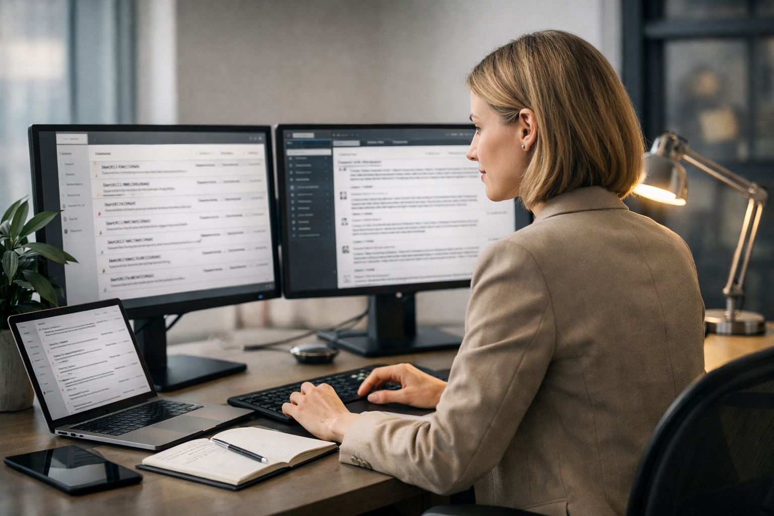 Woman sitting behind a desk doing HARO Link Building